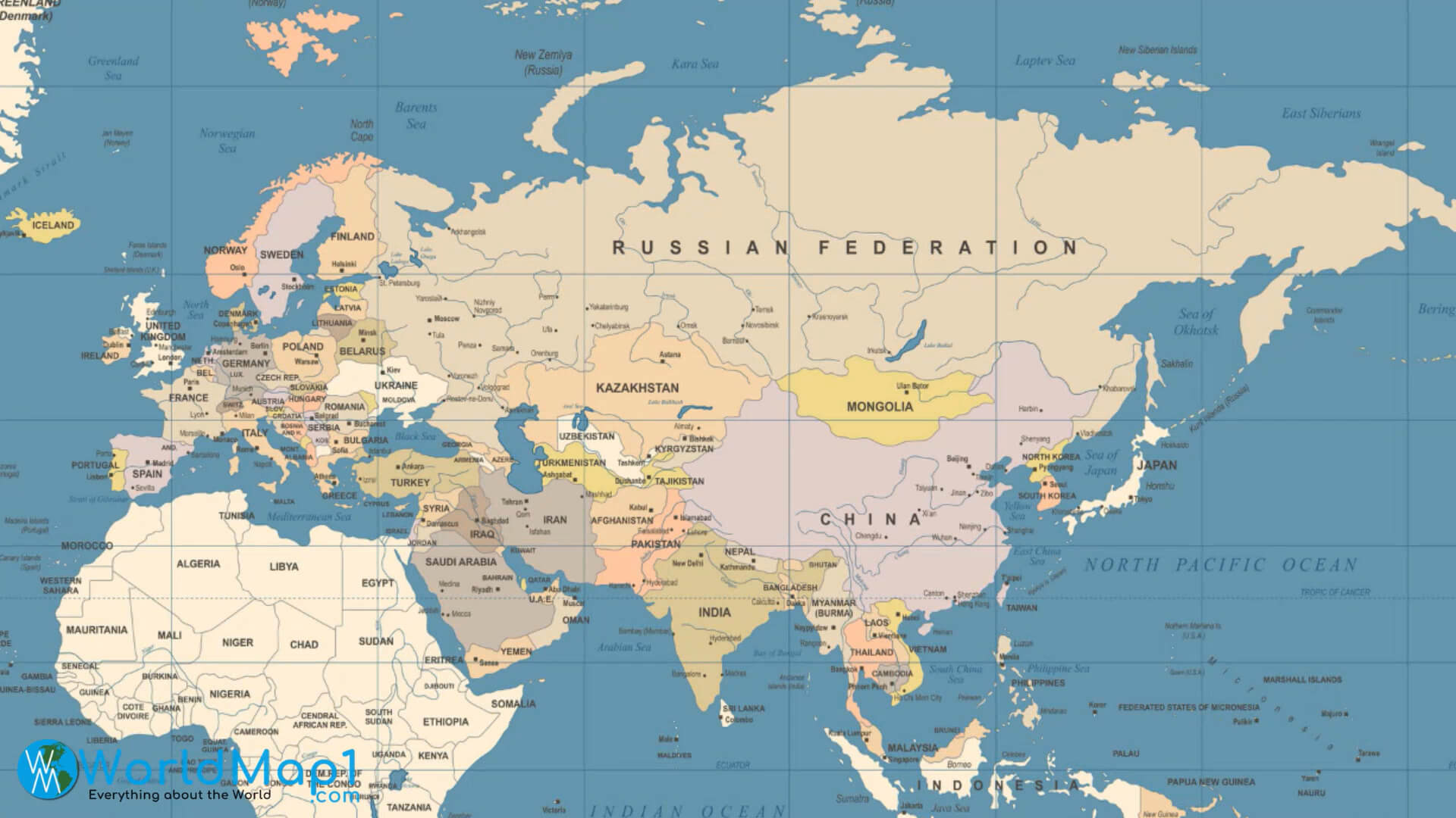 Russian Federation Map with Europe Asia and Africa